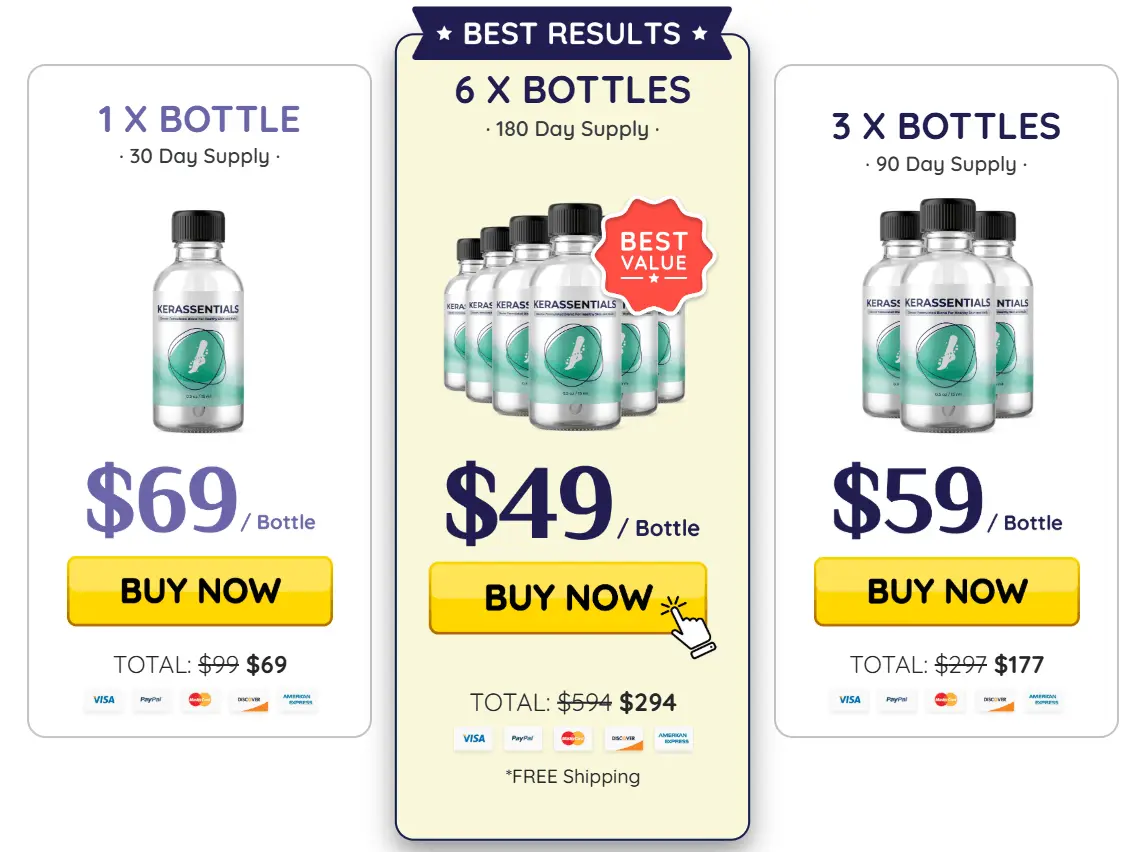 Kerassentials official purchase options: 1, 3, and 6 bottle supply packages